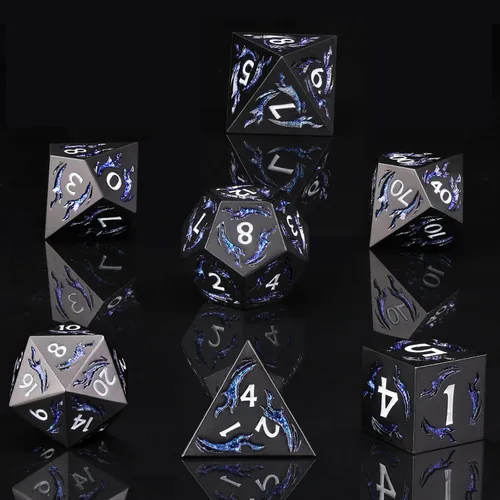 Vista 7 de Juego de dados de metal, 7 piezas de dados metálicos DND, dados poliédricos D&D con caja de metal de regalo para juego de mesa de Calabozos