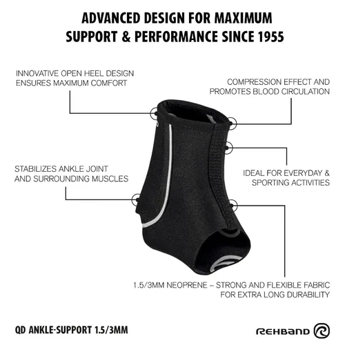 Vista 5 de Rehband Soporte de tobillo de neopreno de 0.069 pulgadas/0.118 pulgadas, soporte ligero para deportes y trabajo, se ajusta al zapato y estabiliza