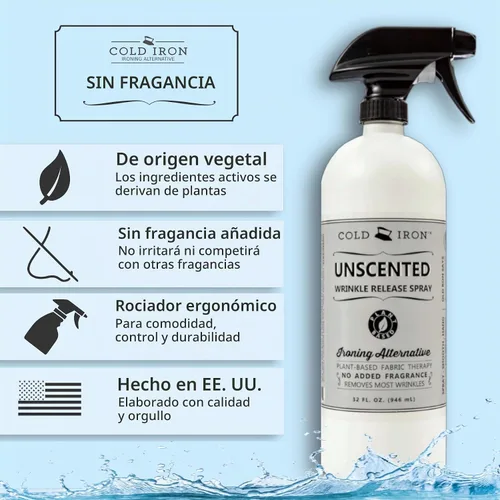 Vista 3 de Cold Iron Aerosol de liberación de arrugas para la ropa. 950 ml. Sin perfume/Libre de fragancia. Alternativa de planchado a base de plantas. Rápido