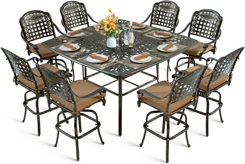 Vista 19 de Juego de barra para exteriores de 10 piezas, muebles de bar de aluminio fundido para todo tipo de clima con 8 taburetes de bar giratorios Bronce