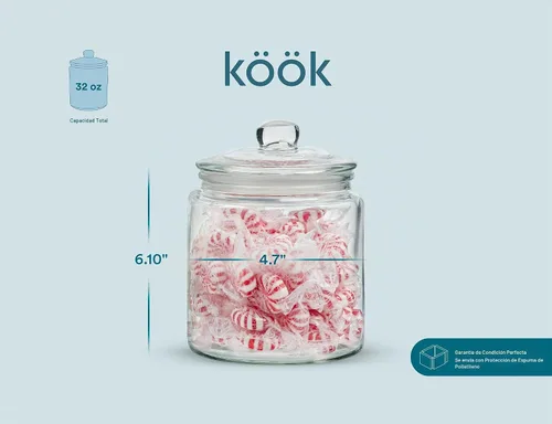 Vista 6 de KooK Tarros de almacenamiento de vidrio con tapas, 29 onzas (juego de 2), recipientes de cocina para azúcar, galletas, bolas de algodón, recipientes