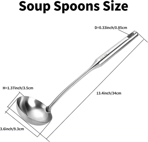 Vista 2 de TBWHL Cucharón de Sopa de Metal 34 cm de Acero Inoxidable 304 con Mango Largo - Cucharón de Cocina Profesional con Mango Ergonómico y Equilibrio