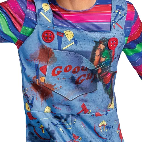 Vista 4 de Disfraz de Chucky para hombre, disfraz oficial de Chucky para niños, disfraz y máscara
