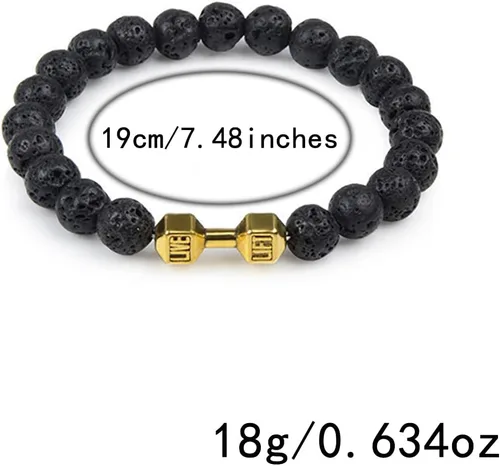 Vista 9 de Pulsera de mancuernas negra hecha a mano, para gimnasio, hermanos, fitness, piedra volcánica, piedra de lava volcánica, ajustable, pulsera