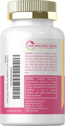 Vista 3 de Carlyle Suplemento de hierro para mujer, 200 tabletas de liberación lenta de sulfato ferroso Vegetariano, sin OMG y sin gluten para ella