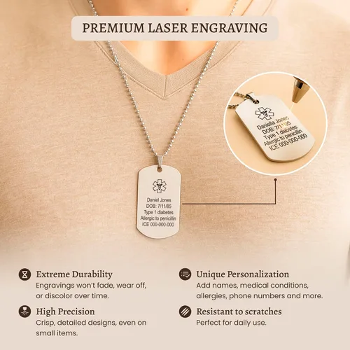 Vista 6 de MIA·MIA Collar de alerta médica personalizado para hombres y mujeres, acero inoxidable personalizado grabado ID conciencia de emergencia, joyería