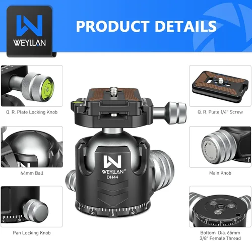Vista 2 de Cabeza de trípode 44mm de perfil bajo, WEYLLAN DH44 cabeza de bola panorámica de 360 grados de metal con dos placas de liberación rápida, cabeza