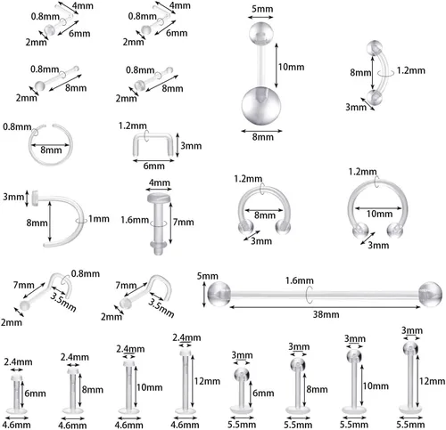 Vista 3 de 43 piezas de retenedores de piercing de nariz transparentes para cirugía, anillos de nariz Bioflex, septum, cartílago, rook, daith, herradura