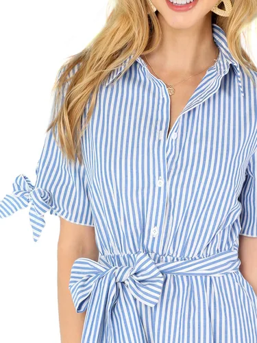 Vista 4 de Romwe Vestido camisero corto a rayas de verano para mujer con cinturón con botones al cuello