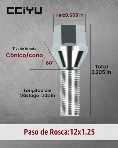 Vista 2 de cciyu Tuercas de llanta M12 x 1.25, 20 piezas de pernos de rueda de 12 x 1.25 pulgadas, vástago hexagonal de 0.669 in, juego de tuercas cromadas