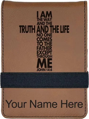 Vista 15 de LaserGram Mini padfolio con bloc de notas y bolígrafo, versículo bíblico John 14-6, grabado personalizado incluido (negro con oro)
