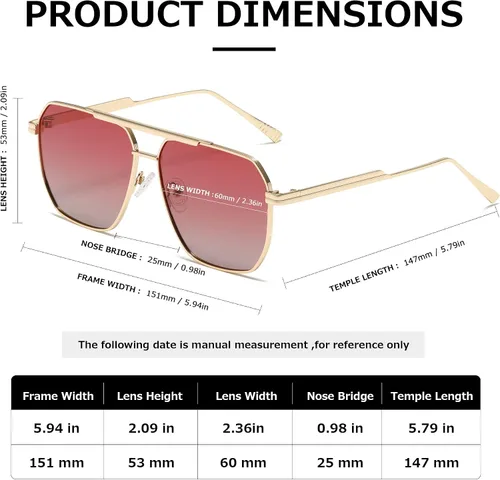 Vista 6 de kimorn Gafas de sol polarizadas para mujer y hombre, retro, de gran tamaño, cuadradas, vintage, clásicas, grandes, de metal, K1221
