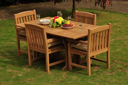 Vista 3 de Juego de comedor de 5 piezas de lujo de madera de teca grado A para exteriores, mesa rectangular plegable de 69 pulgadas de Warwick y 4 sillas Devon