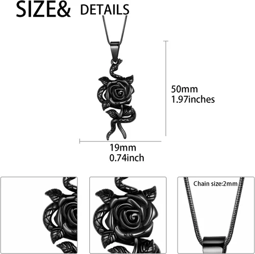 Vista 2 de Collar con colgante de corazón de rosa de serpiente, joyería gótica de acero inoxidable para mujer, serpiente animal, cobra, uroboros