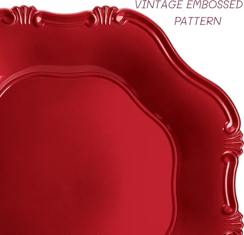 Vista 3 de ZOOFOX Juego de 12 salvamanteles rojos, salvamanteles metálicos de 13" con bordes festoneados para plato de cena, platos de servicio decorativos