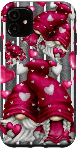 Vista 8 de Pink Heart Pattern On Grey Striped Decor Valentine Gnome Case for iPhone 17