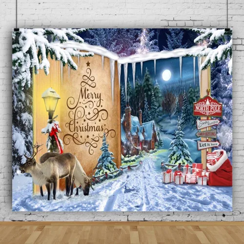 Vista 7 de Telón de fondo de 2,1 x 1,5 m para pueblo navideño, nieve invernal, cielo nocturno, montaña, Santa, fondo para fotografía, decoración para fiesta