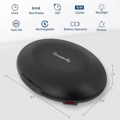 Vista 8 de DreamSky Reloj despertador vibratorio para personas que duermen mucho y Negro