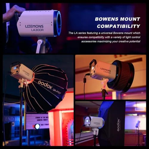 Vista 7 de Godox LA300R RGB COB LED Video Light 330W Kit de luz continua a todo color con bolsa de transporte CCT 1800K-10000K 94700lux Montaje Bowens Luz