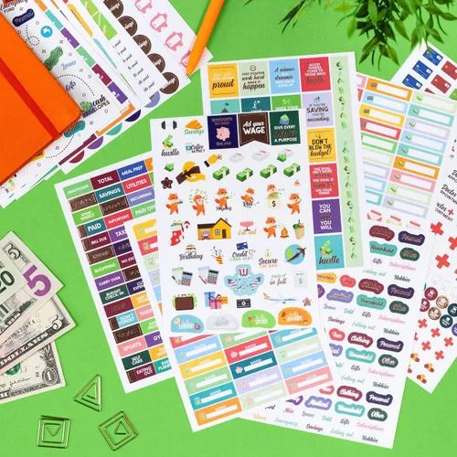 Vista 5 de Stickers de presupuesto de Clever Fox - Juego de 18 hojas con más de 1030 stickers únicos para tu planificador mensual, semanal y diario