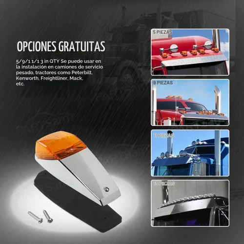 Vista 6 de Partsam 5 luces marcadoras para cabina de camión, 17 luces LED ámbar para techo superior con base cromada, repuesto para Lente ámbar/luz ámbar