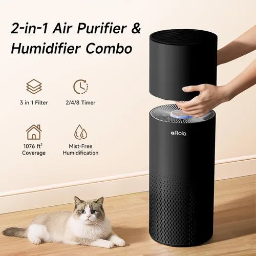 Vista 2 de Afloia Humidificador y purificador de aire en uno, combo de purificador de aire y humidificador evaporativo para el hogar, limpiador de aire
