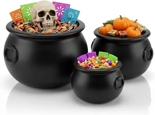 Vista 28 de PMU 2 piezas de caldero de Halloween – 10 pulgadas, 8 pulgadas, cuenco de caldero de plástico de bruja negro, para decoración de Halloween