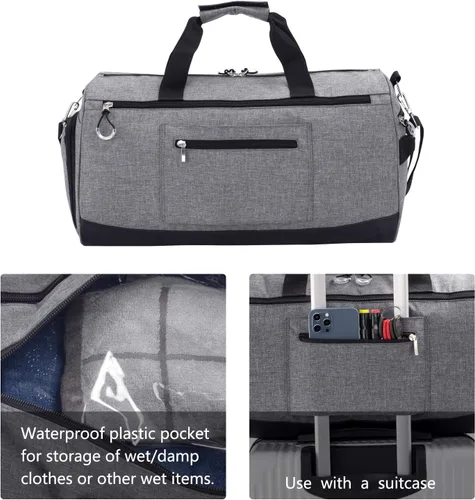 Vista 4 de Kuston Bolsa de gimnasio deportiva con compartimento para zapatos y bolsillo húmedo, bolsa de lona para gimnasio para hombres y mujeres, Gris