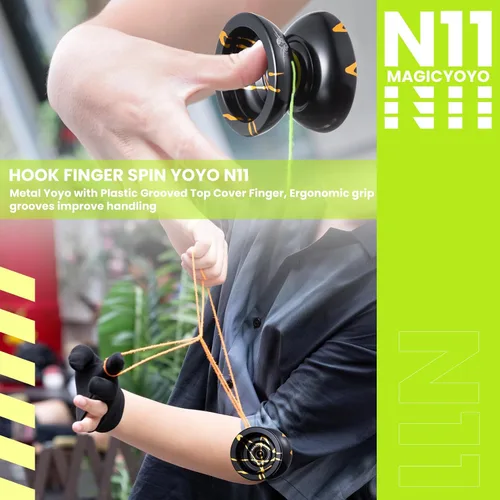 Vista 4 de MAGICYOYO N11 Yoyo N11 - Bola profesional Yoyo N11 de aleación de doble propósito (negro con dorado) con saco, guante, 12 cuerdas Yoyo y kit