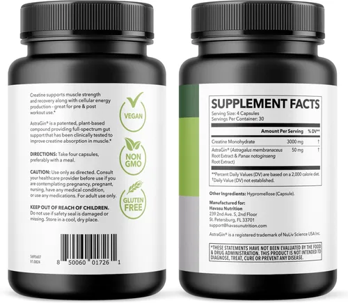Vista 10 de Cápsulas de monohidrato de creatina micronizada con AstraGin - Apoya la fuerza muscular, la energía y la recuperación - 120 unidades - Fórmula