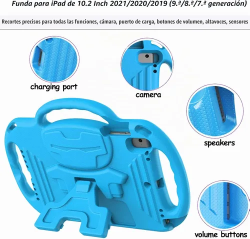 Vista 4 de LTROP Funda para niños para iPad de 9ª/8ª/7ª generación de 10.2 pulgadas con correa de hombro, funda a prueba de golpes ligera con asa y soporte Azul