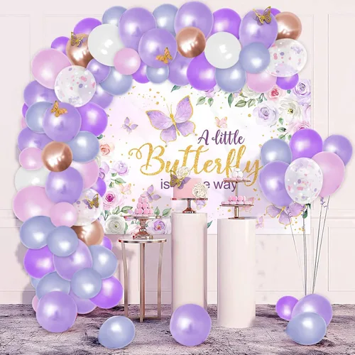 Vista 2 de Vansolinne Decoraciones de mariposa para baby shower para niña, con texto en inglés "A Little Butterfly Is On The Way", telón de fondo de baby