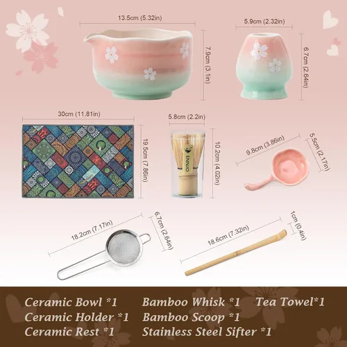 Vista 3 de Juego de batidor de matcha Cherry Blossom de 7 piezas con cuenco de matcha Cereza