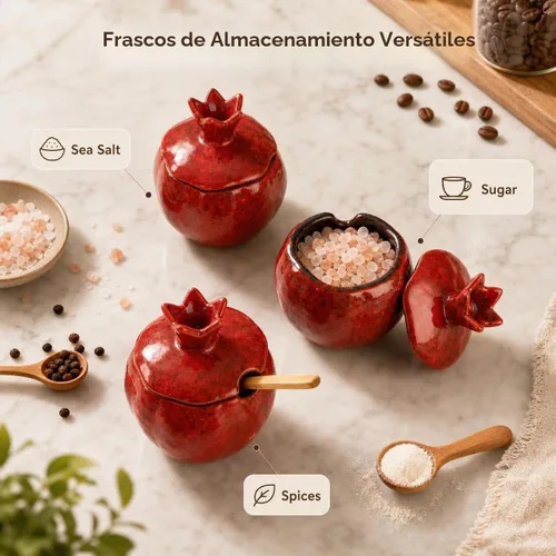Vista 6 de Sal Bodega 2 PCS Cerámica Granada En Forma De Tazón De Sal Con Tapa Y Cuchara