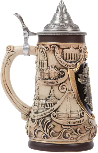 Vista 5 de Taza de jarra de cerveza alemana Oktoberfest bávara vikinga con tapa Petwer para hombres, padre amante de la cerveza, 0.9 litros