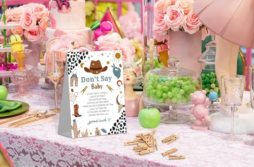 Vista 4 de Letrero de juego de vaquero para baby shower (1 letrero + 50 mini pinzas para la ropa) para decoraciones y recuerdos de fiesta de revelación