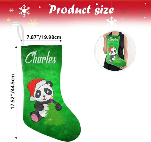 Vista 5 de Calcetines de Navidad con lindo panda verde personalizado con nombre, medias de Navidad personalizadas para la temporada de vacaciones familiares