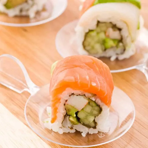 Vista 4 de Paquete de 100 platos de postre transparentes, platos de plástico para aperitivos, platos de postre, cucharas de degustación, mini platos