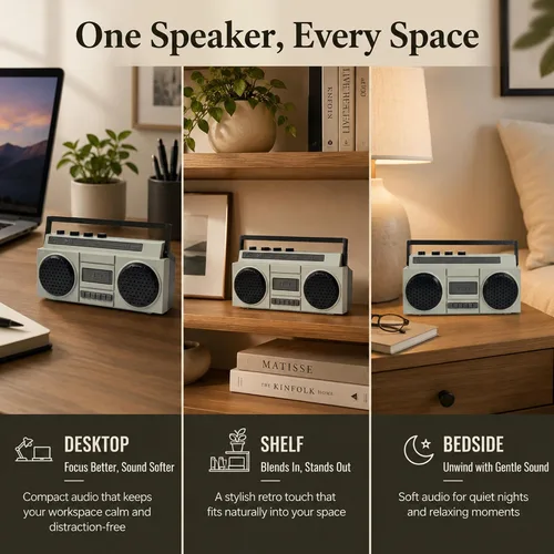 Vista 3 de Sourcingbay - Mini altavoz Bluetooth retro, recargable por USB, color gris 2W close range sound for desks shelves bedside tables display styling