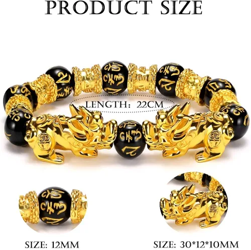 Vista 2 de EnjoIt 3 unids 0.472in Feng Shui negro obsidiana riqueza pulsera tallada a mano piedra mantra Pi Xiu pulsera para hombre mujer C2242