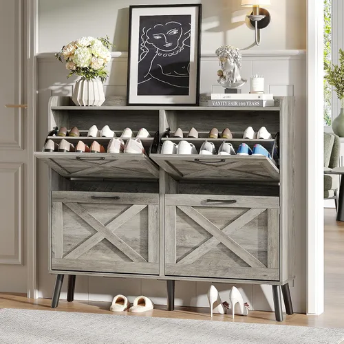 Vista 12 de Maupvit Gabinete de almacenamiento para zapatos con 2 cajones abatibles, organizador independiente con patas de metal para entrada, gabinete Beige