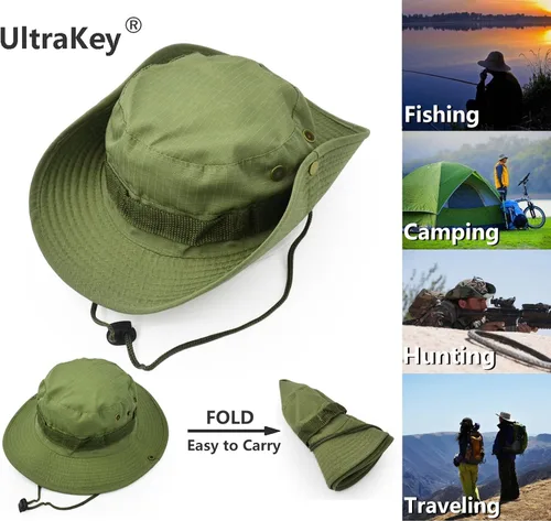 Vista 2 de Sombrero de protección solar de ala ancha para exteriores, clásico estilo militar de combate de EE. UU., gorra de sol para pesca, caza, campamento