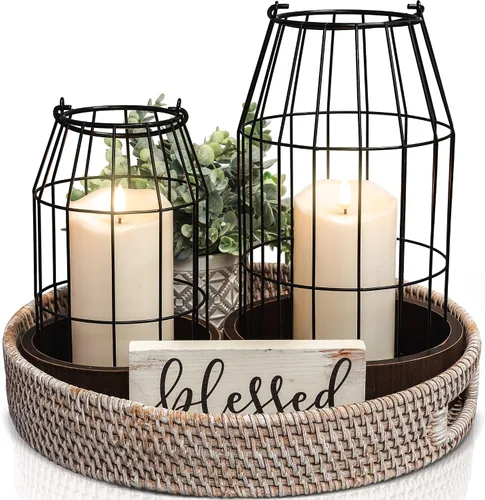 Vista 11 de Juego de 2 linternas de granja rústica - Elegantes linternas decorativas para tu sala de estar, repisa de chimenea o mesa de comedor de la cocina