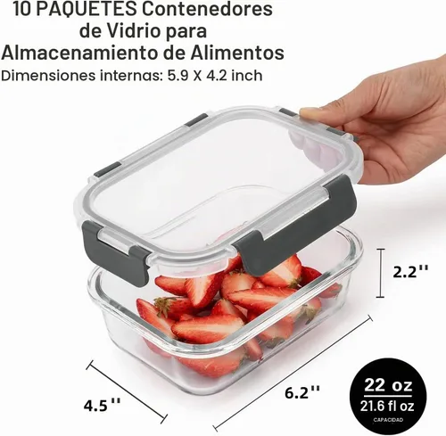Vista 6 de Cuiselect - Paquete de 10 recipientes de 22 oz de vidrio para preparar comidas con tapas, recipientes reutilizables de vidrio para almacenar