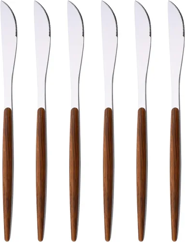 Vista 11 de Juego de cubiertos de acero inoxidable con mango de efecto de madera Cubiertos pulidos con espejo plateado, utensilios de cocina para el hogar