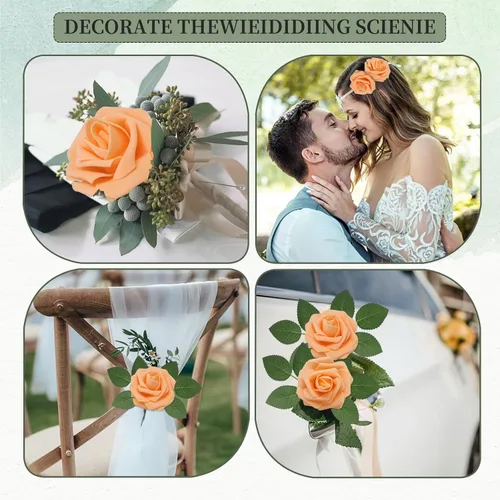 Vista 3 de Rosas artificiales, 50 unidades, rosas falsas de espuma de aspecto real con tallos para ramos de boda, centros de mesa de despedida de soltera