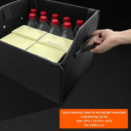Vista 4 de Organizador de maletero, organizadores y almacenamiento de automóviles, caja de almacenamiento de cuero negro con tapa, tablero de fibra, plegable