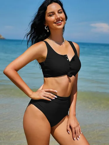 Vista 3 de ZAFUL - Traje de baño estilo bikini de dos piezas con cuello redondo y tiro alto para mujer
