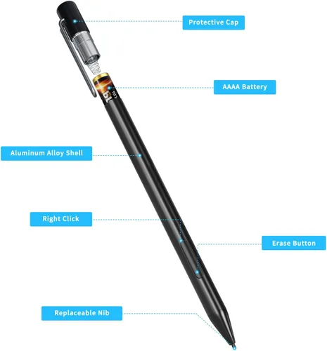 Vista 4 de Lápiz óptico para Microsoft Surface Pro 12/11/10/9/8/7/6/5/4/Go, presión 1024 Rechazo de palma No requiere Bluetooth Puntas reemplazables Botones