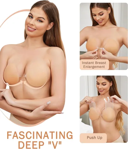 Vista 2 de Brasier adhesivo de silicona, brasier adhesivo push up, brasier sin tirantes sin espalda para mujer